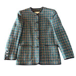 Vintage Jaeger Wool Houndstooth womens Blazer UK‎ 8 Collarless 80's 90'sn